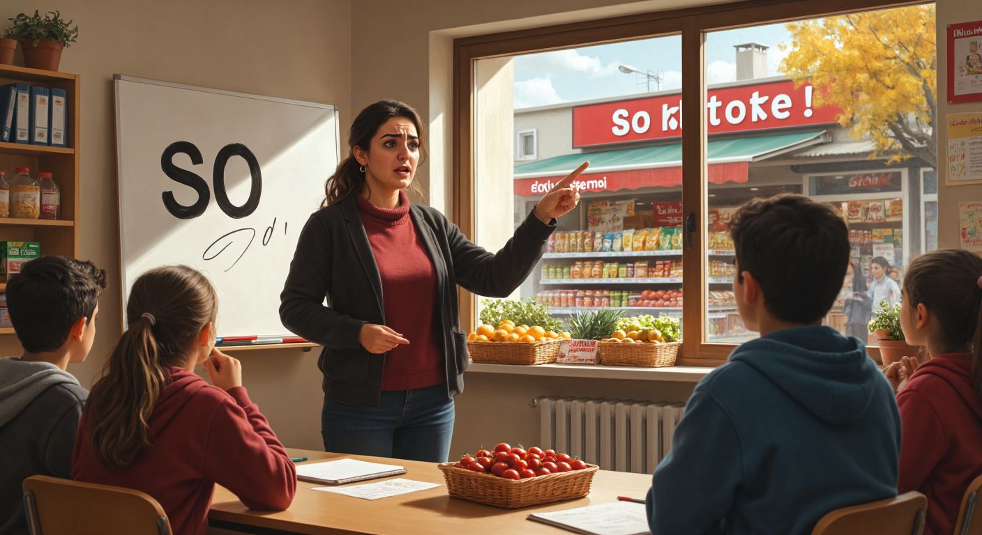 A Turkish teacher in a classroom pointing at a whiteboard with "ŞO" written on it, while students look puzzled, and a small grocery store labeled "ŞOK" is visible through the window.  

*(Note: The description avoids explicit text by implying the labels contextually and focuses on the Turkish setting.)*