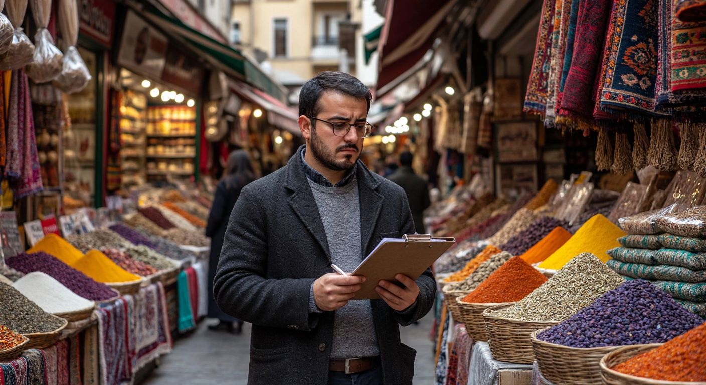 A Turkish entrepreneur in a bustling bazaar thoughtfully examines colorful shop signs while holding a notebook, surrounded by vibrant textiles and spices.