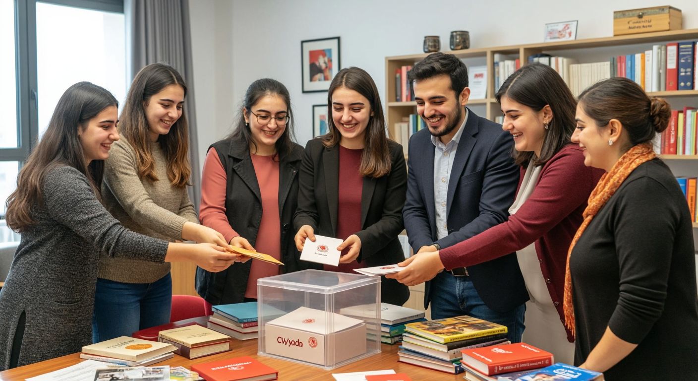 A diverse group of people in Turkey, including young students, professionals, and elderly individuals, smiling warmly as they collectively place symbolic donation envelopes into a transparent charity box labeled with the ÇYDD logo, surrounded by books and educational materials.