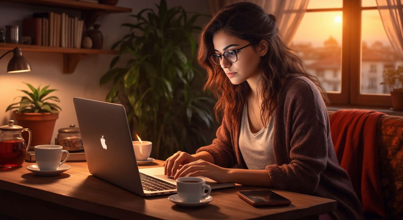 A focused young woman in a cozy Turkish home setting, wearing glasses, sits at a wooden desk with a laptop open, her fingers hovering over the keyboard as she prepares to compose an email, with a steaming cup of Turkish tea beside her.