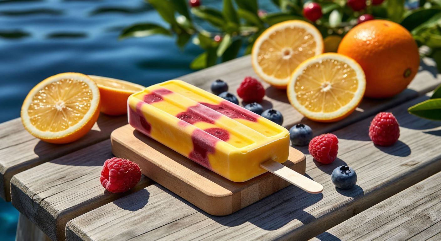 A vibrant, frosty multivitamin ice cream bar with swirls of colorful fruit puree, resting on a wooden picnic table under the warm Turkish sun, surrounded by fresh citrus slices and berries.