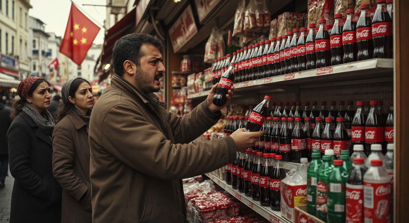 A frustrated Turkish shopkeeper in a bustling Istanbul market removing Coca-Cola bottles from a shelf while two concerned customers watch, with a European flag subtly visible in the background.