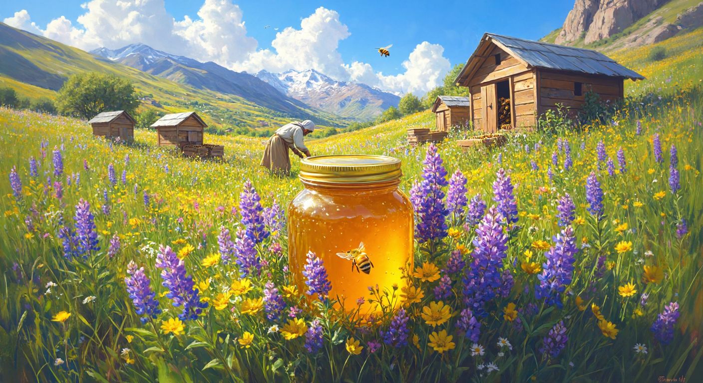 A golden jar of honey surrounded by vibrant wildflowers in a sunlit meadow near Erzincan, with a beekeeper in traditional attire tending to wooden hives in the background.