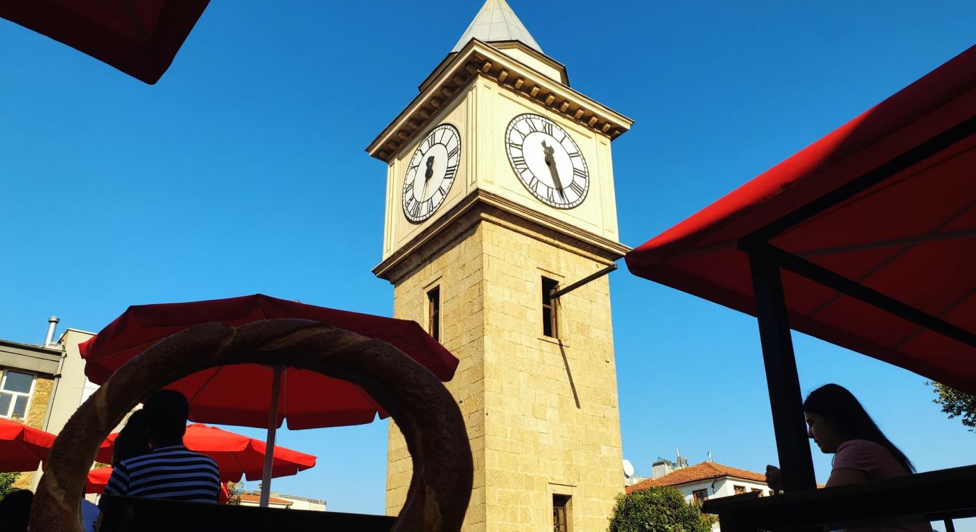 A traditional Turkish clock tower with its hands pointing to 10:03, set against a clear blue sky, while a nearby café serves steaming çay and simit to relaxed patrons.