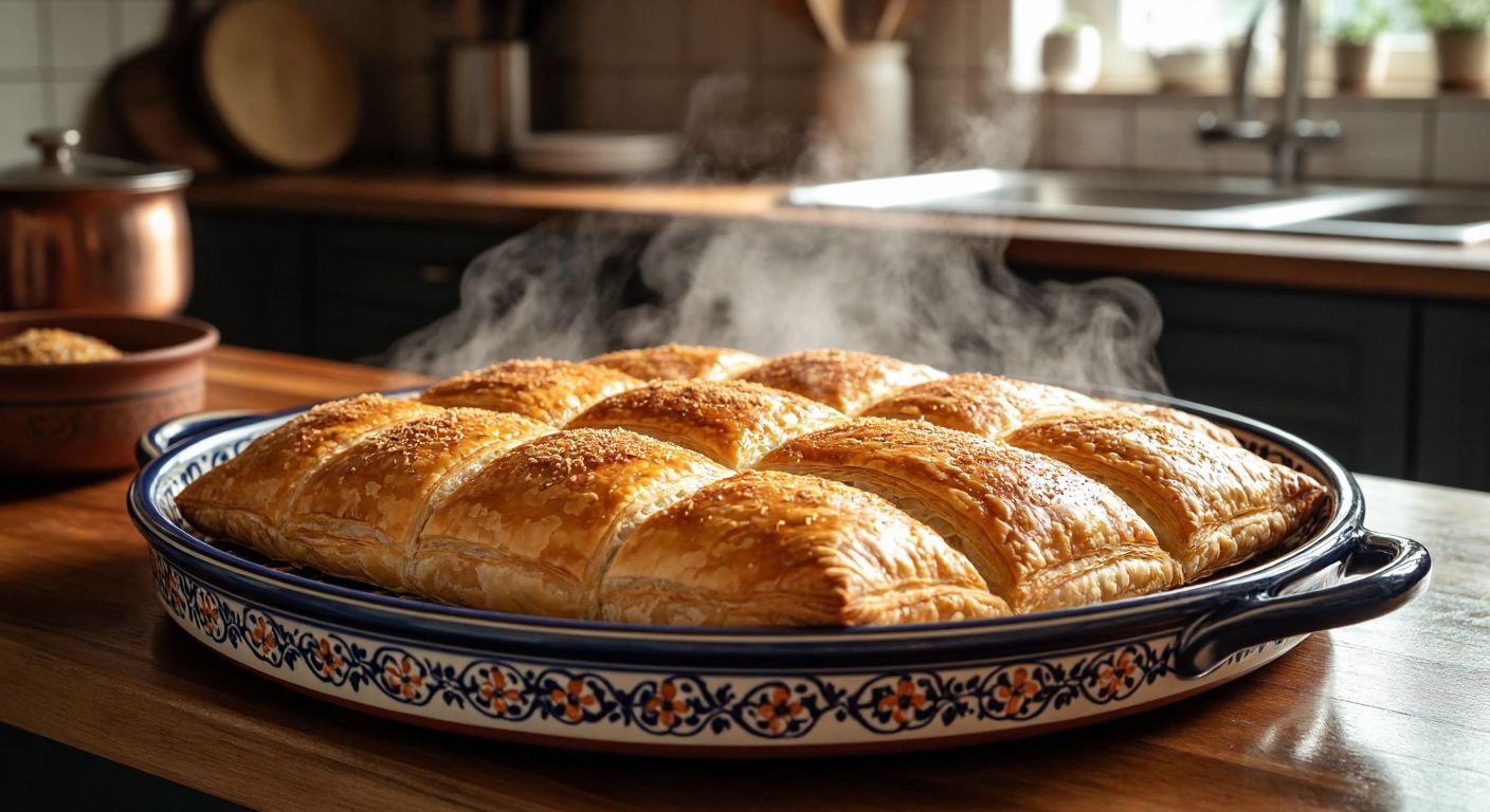 A golden-brown galetalı börek fresh from the oven, resting on a traditional Turkish ceramic tray, with steam rising and a warm kitchen in the background.