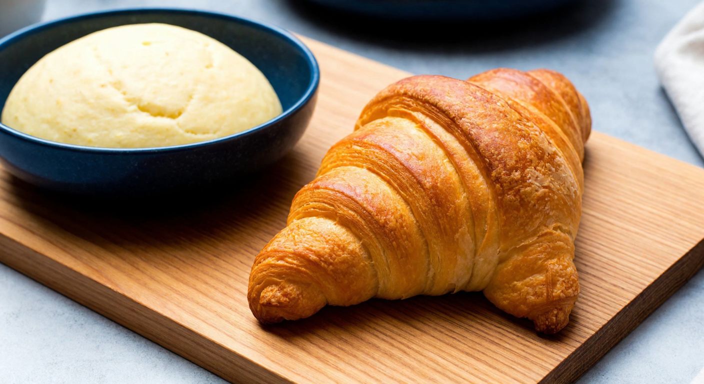 A golden, flaky croissant resting on a wooden cutting board, with a bowl of soft, yeasty dough beside it, evoking the warmth of a Turkish bakery.