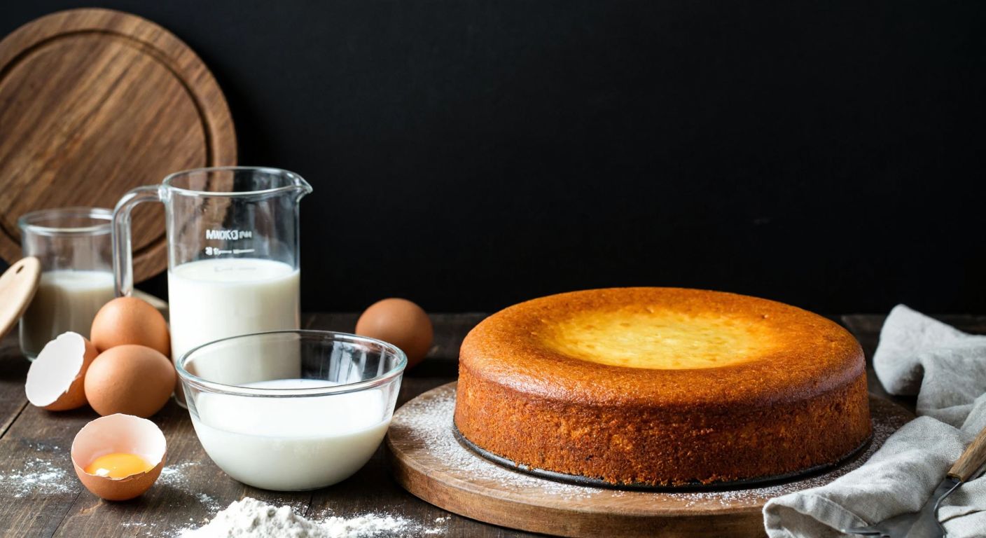A warm, golden-brown cake sits on a rustic wooden table in a Turkish kitchen, surrounded by fresh ingredients like eggs, milk, and flour, with a measuring cup filled with milk nearby.