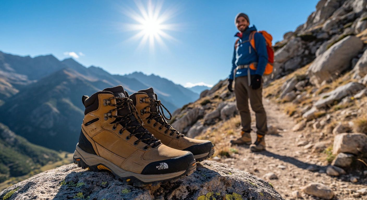 A rugged pair of **The North Face** hiking boots placed on a rocky mountain trail in Turkey, with a confident hiker in outdoor gear standing nearby, smiling under a bright sun.