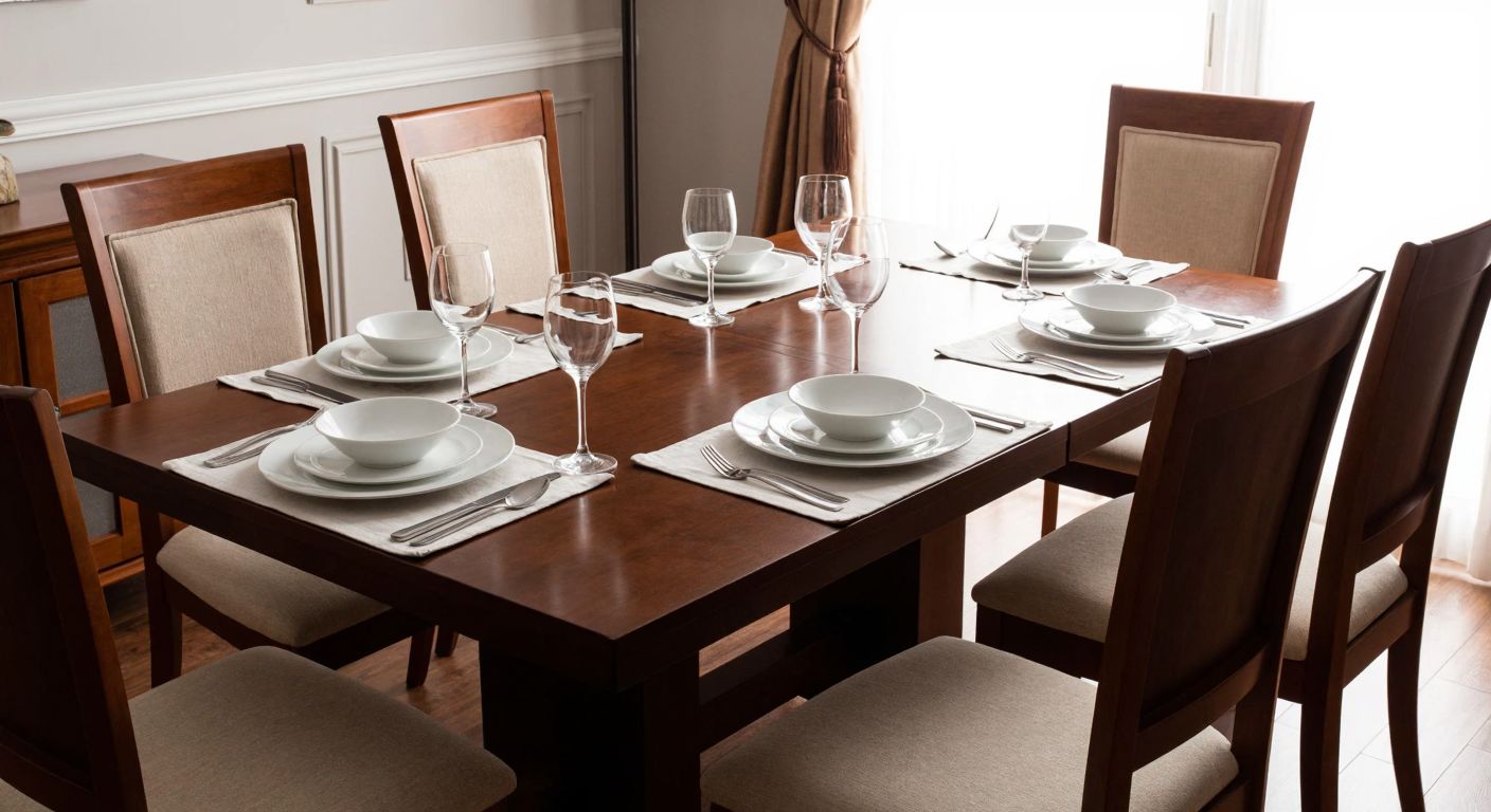 A neatly arranged dining table set with elegant cutlery and plates for twelve people, placed beside a smaller wooden dining set for four with cushioned chairs, both evoking a warm, inviting Turkish home atmosphere.