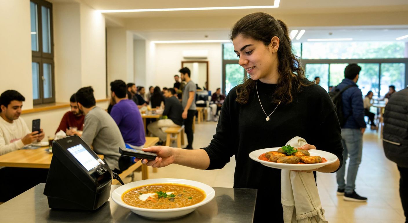 A young university student in a bustling campus cafeteria in İzmir, Turkey, confidently swipes a smart card at a payment terminal while holding a tray of traditional Turkish dishes like lentil soup and köfte.