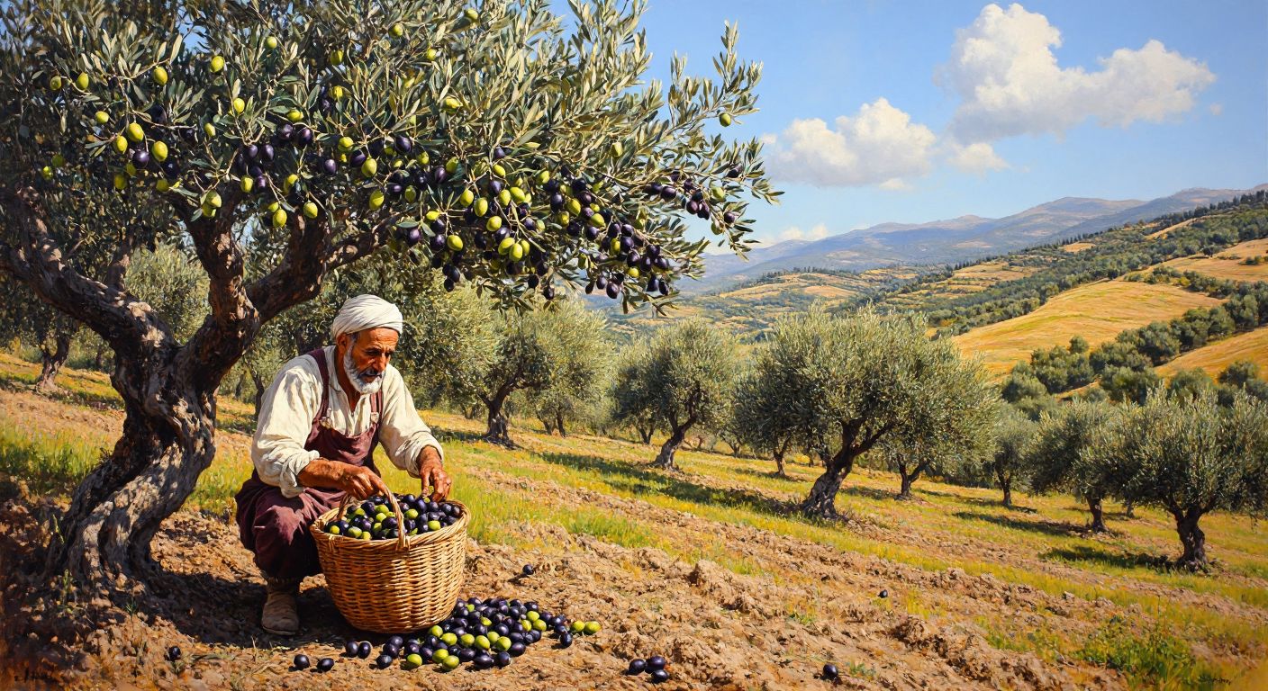 A sunlit olive grove in Akhisar, with gnarled trees bearing plump green and black olives, set against rolling hills under a clear blue sky, while a weathered farmer in traditional Turkish clothing gently harvests olives into a woven basket.