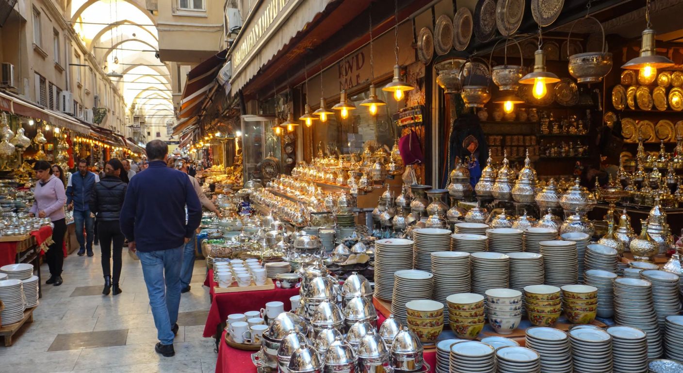 A bustling Turkish bazaar with colorful stacks of porcelain dinnerware, gleaming steel pots, intricately designed glassware, and decorative household items arranged under warm hanging lights, while shoppers browse the vibrant displays.