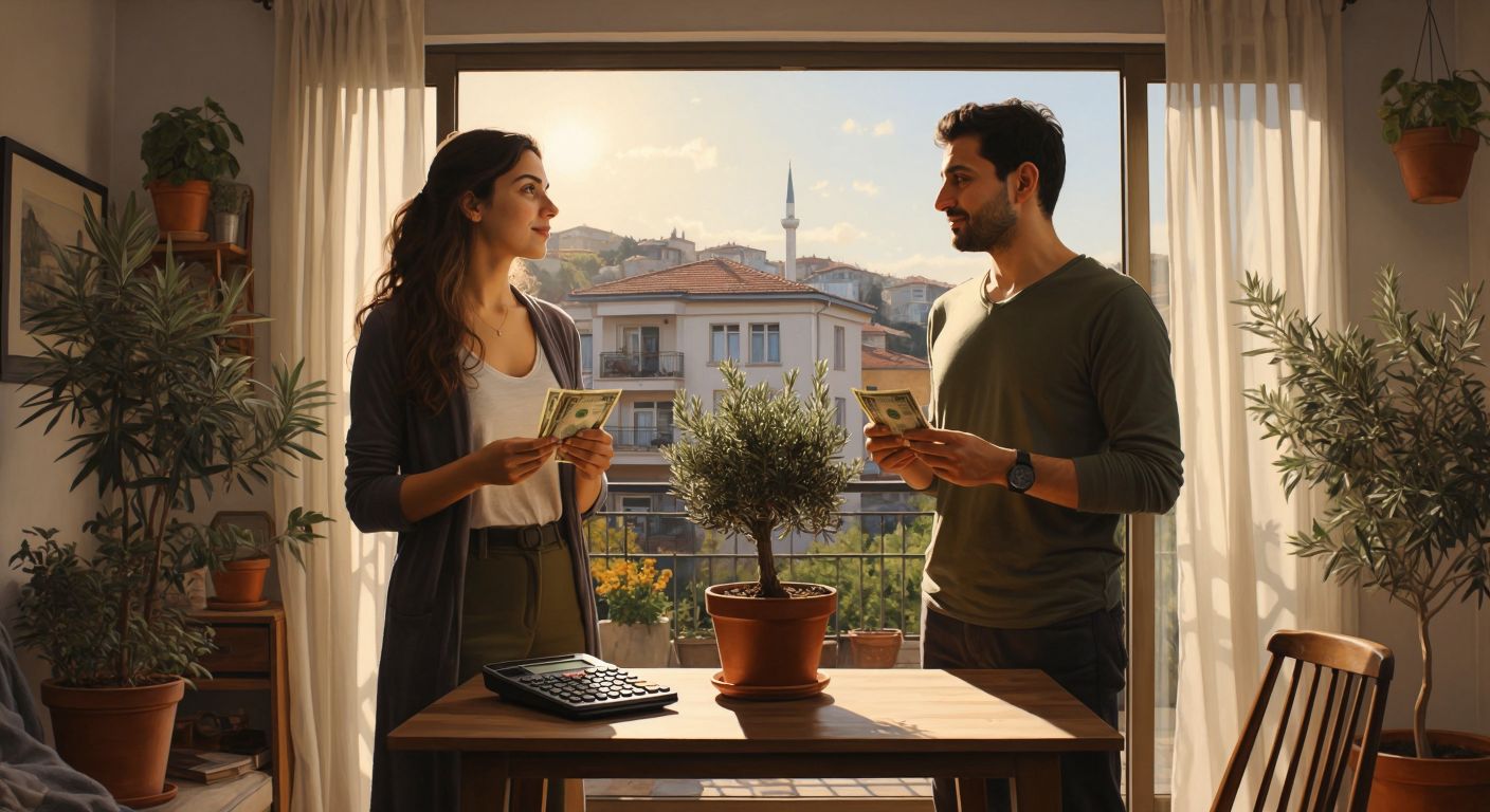 A Turkish couple stands thoughtfully in front of a cozy, sunlit apartment in Istanbul, one holding a stack of banknotes and the other a house key, with a calculator and a small potted olive tree on a wooden table between them.