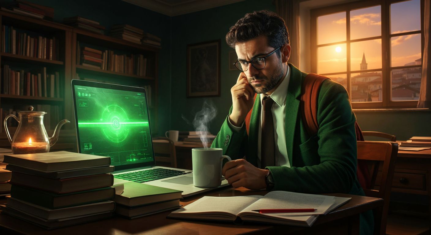 A determined teacher in a modest Turkish classroom watches a glowing green progress bar on a laptop screen, surrounded by stacks of notebooks and a steaming cup of çay.
