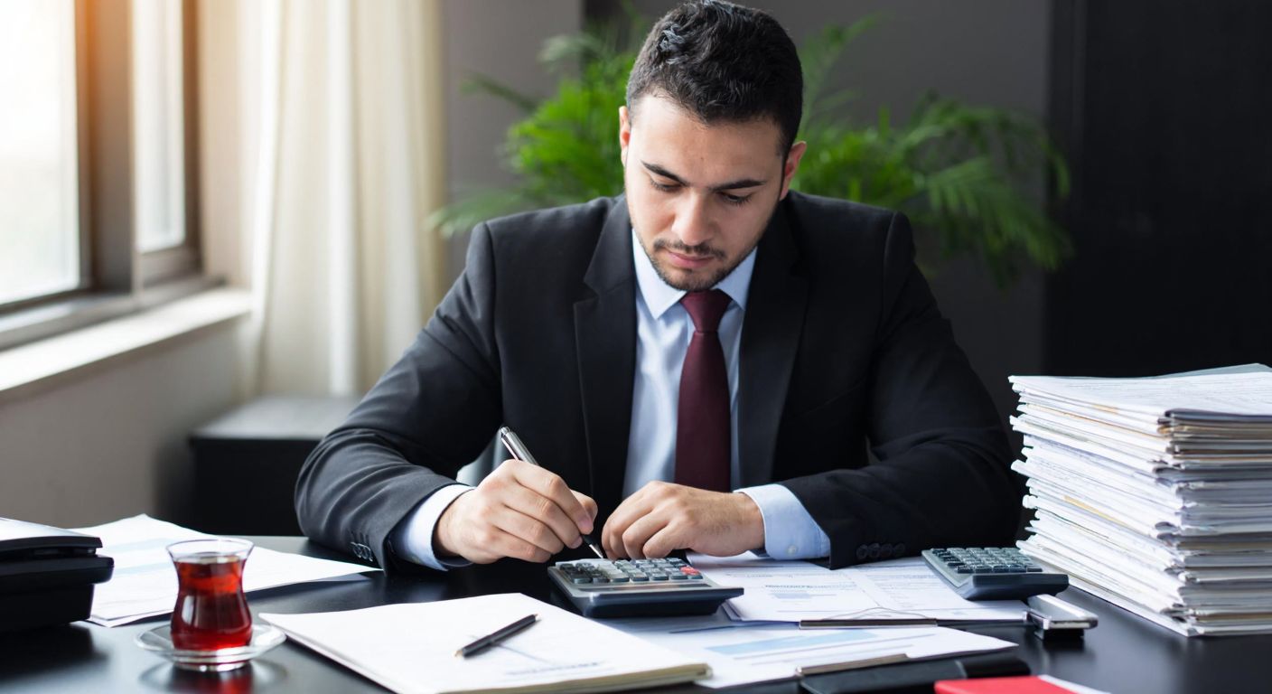 A focused Turkish businessperson in a modern office, writing calculations on a notepad with a calculator nearby, surrounded by stacks of financial documents and a steaming cup of Turkish tea.