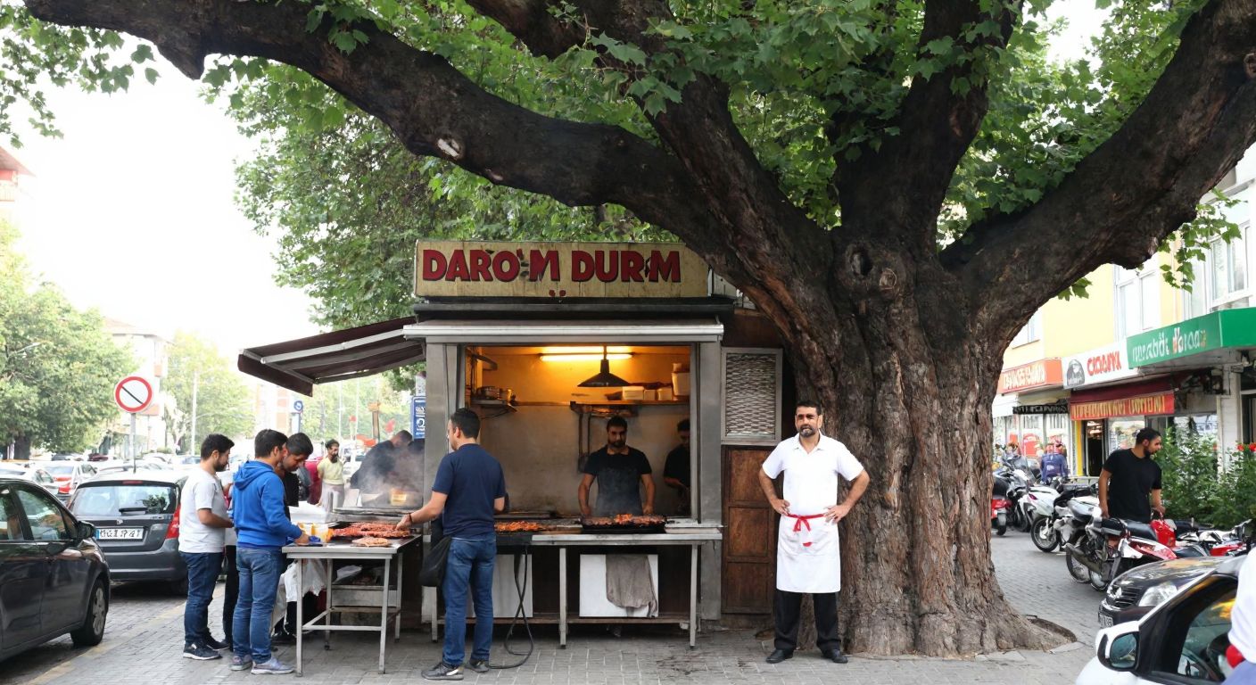 A bustling street in Maltepe, Istanbul, with a small dürüm shop under a large plane tree, where a mustachioed man in an apron grills meat while customers wait eagerly.