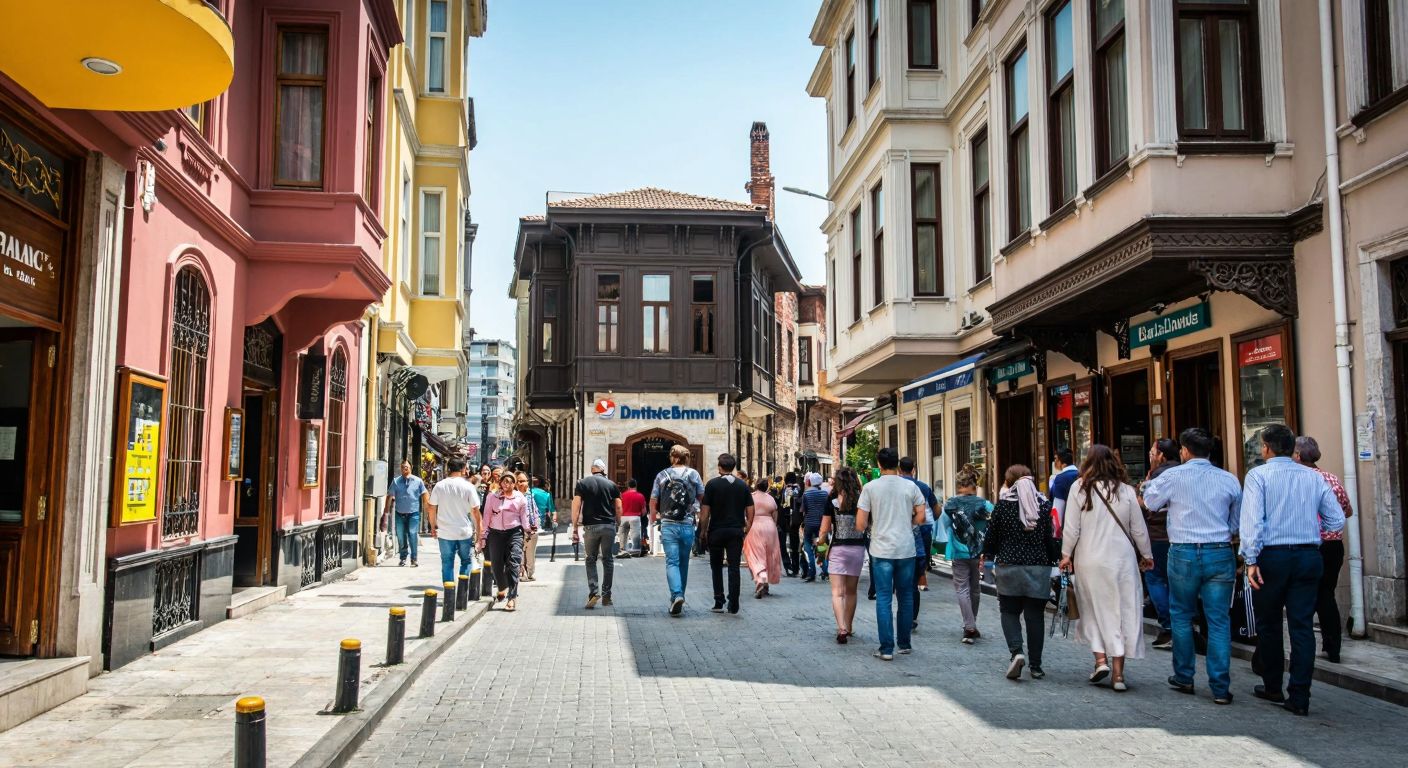 A bustling street in Istanbul's historic Fatih district, with Denizbank's Sultanhamam branch nestled among traditional Ottoman-style buildings, a cobblestone road underfoot, and locals walking past the bank's entrance.