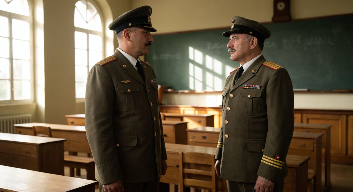 A young Atatürk in a military academy uniform listening intently to an older, mustachioed Ottoman officer in a formal military jacket, standing in a sunlit classroom with wooden desks and a chalkboard in the background.