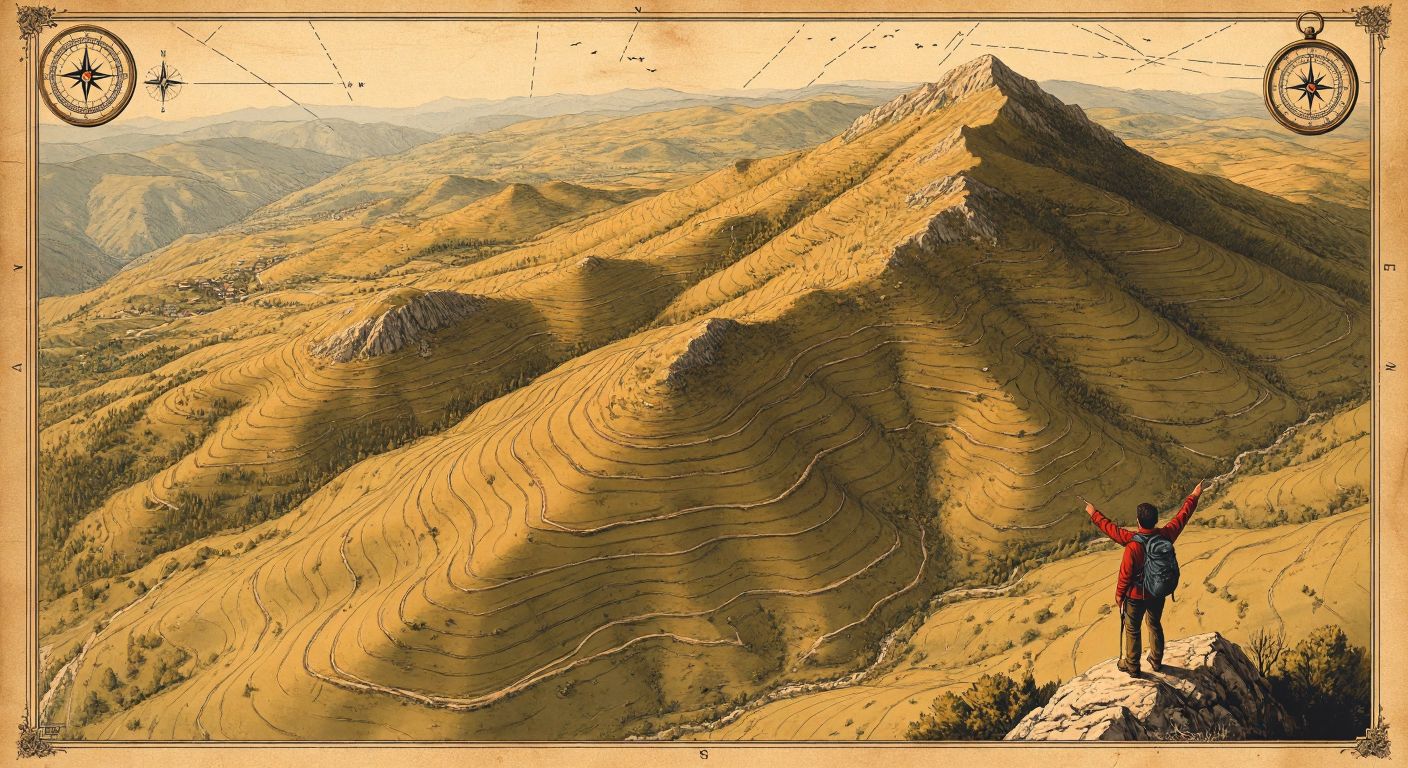 A detailed topographic map of a Turkish mountain landscape with evenly spaced contour lines, a compass in the corner, and a hiker pointing at the elevation difference between two lines.