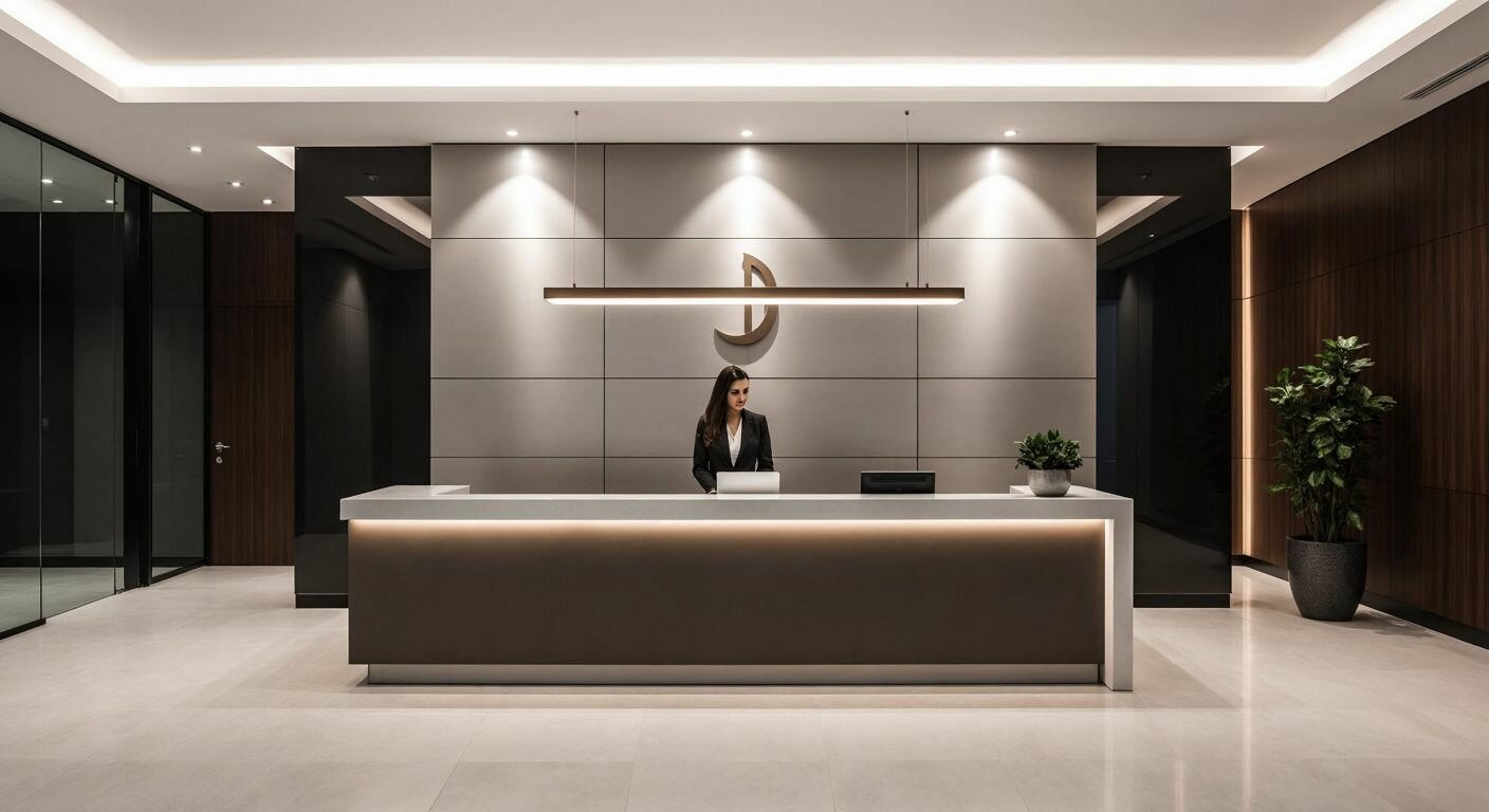 A sleek, modern reception desk in a Turkish corporate lobby with a polished metal sign mounted above it, featuring a minimalist design and clear, bold lettering, while a well-dressed receptionist warmly assists a visitor.  

(Note: The description avoids explicit text representation by focusing on the visual elements of the sign's material, placement, and implied clarity, while adhering to the constraints.)