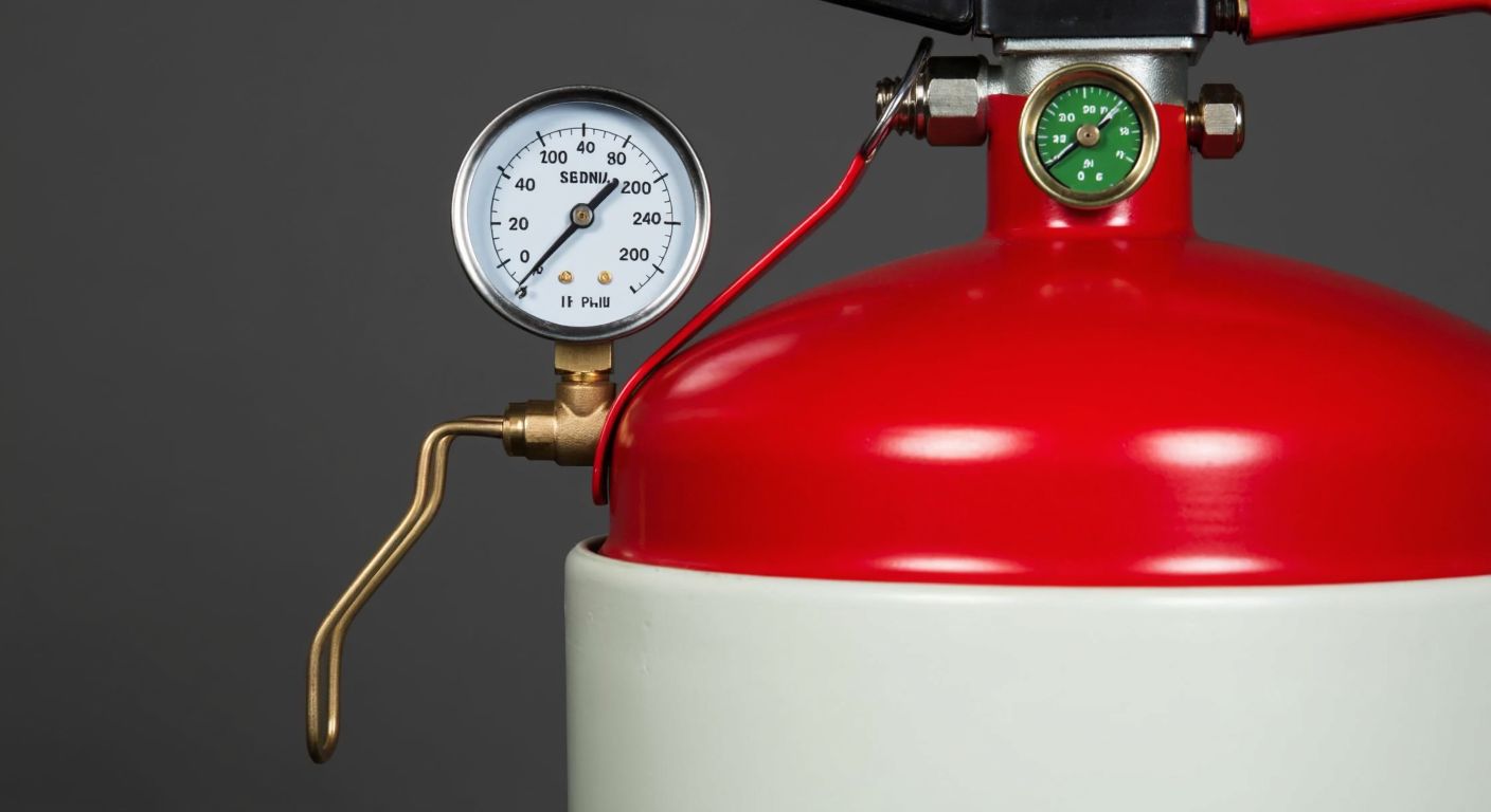 A close-up of a fire extinguisher with a red cylinder, a visible pressure gauge needle pointing to the green zone, and a safety pin securely in place, set against a neutral industrial background.