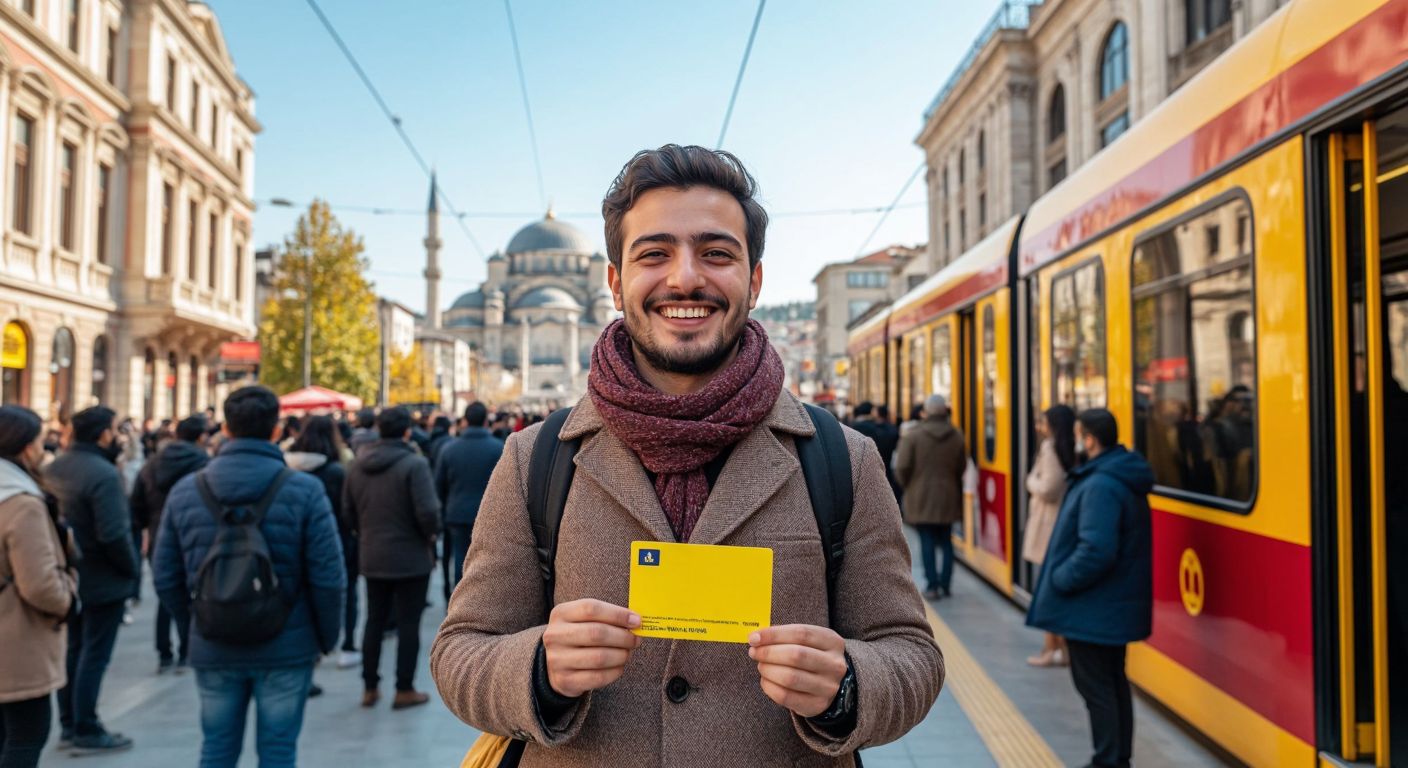 A smiling journalist in a bustling Turkish city confidently holds up a yellow press card while boarding a free tram, with a historic museum and a lively official ceremony visible in the background.