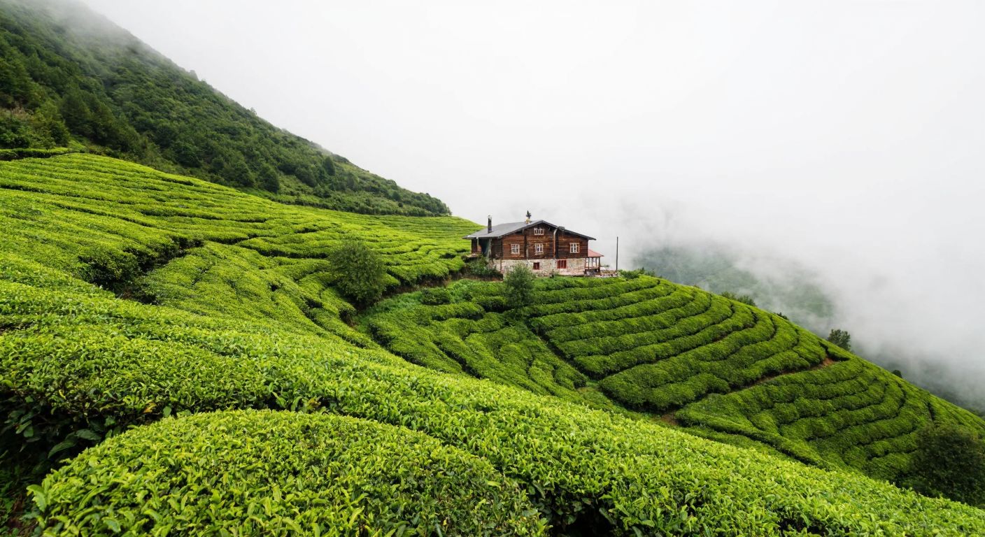 A lush green mountain slope in the Kaçkar range, dotted with vibrant tea bushes under a misty sky, with a traditional wooden tea house nestled among the terraced fields.