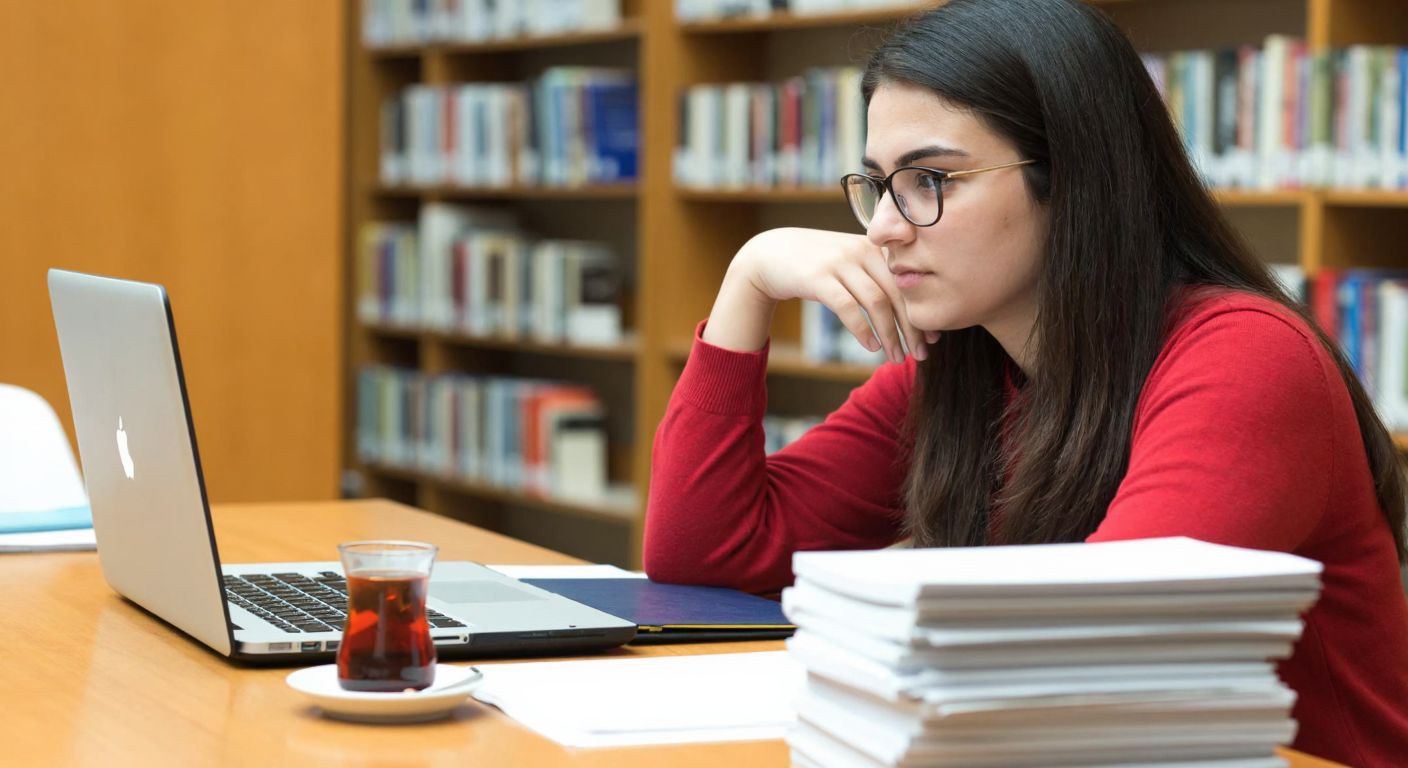 A young Turkish student in a university library, wearing glasses and a focused expression, sits at a wooden desk with a laptop open to the e-Devlet website, a steaming cup of Turkish tea beside them, and a neatly stacked pile of research papers nearby.