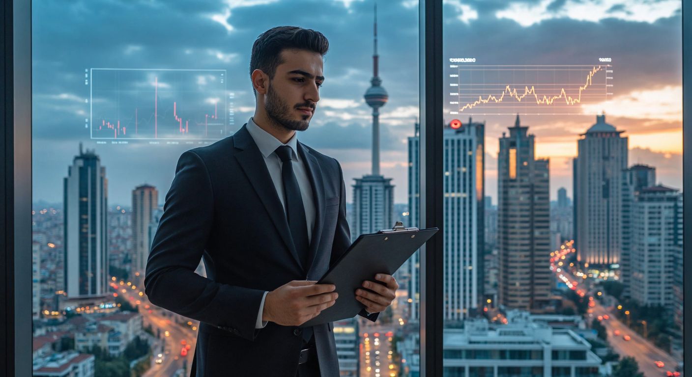 A confident Turkish businessman in a sleek suit stands in a modern Istanbul office, analyzing a glowing stock market chart while holding a portfolio folder, with a skyline of high-rise buildings visible through the window behind him.