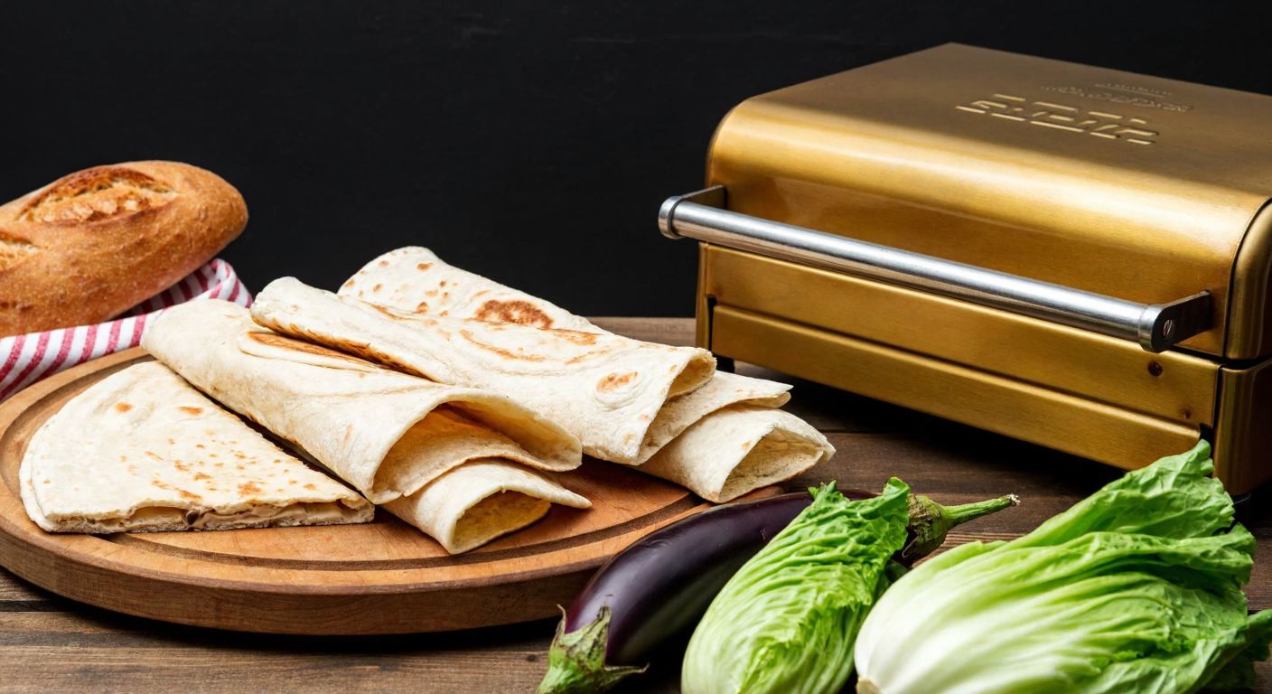 A rustic wooden table in a Turkish kitchen displays slices of whole wheat bread, lavash, oat crepes, and fresh vegetable leaves like cabbage and eggplant, arranged neatly beside a golden-brown toasting machine.
