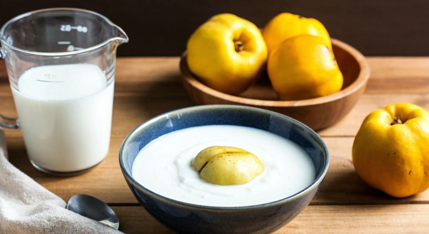 A warm Turkish kitchen with a bowl of quince cream, a measuring cup filled with milk, and fresh quinces on a wooden table, evoking a cozy, homemade dessert preparation.