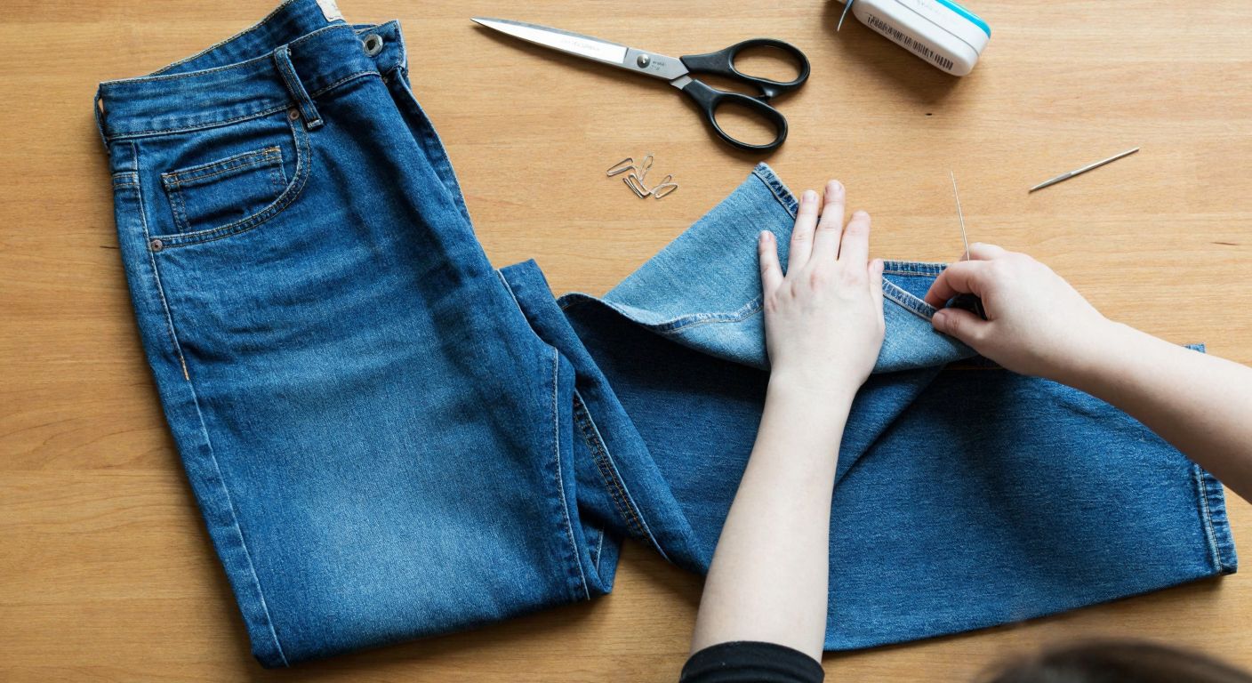 A pair of worn blue jeans laid flat on a wooden table, with scissors and a sewing kit nearby, as a pair of hands carefully measures and cuts the fabric to craft a stylish upcycled denim bag.  

*(Note: The description avoids all prohibited elements while capturing the essence of upcycling in a Turkish domestic context—wooden table, denim fabric, and traditional crafting tools.)*