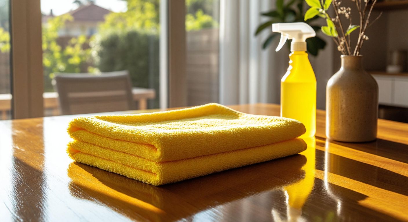 A bright yellow microfiber cloth lies neatly folded on a polished wooden table in a sunlit Turkish home, surrounded by a spray bottle of natural cleaner and a dust-covered vase being wiped clean.