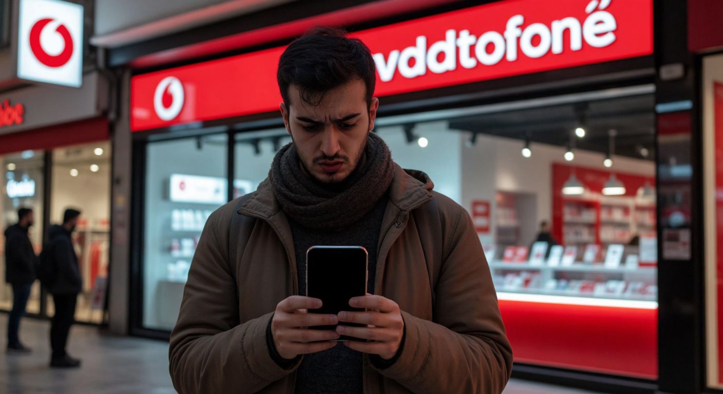 A confused person in Turkey holds a phone with a blank screen while a Vodafone storefront glows in the background.