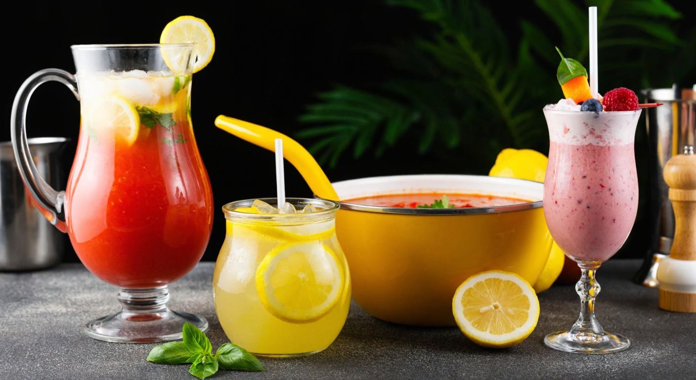 A vibrant Turkish kitchen counter displays a pitcher of freshly mixed lemonade with sliced lemons, a steaming bowl of tomato soup with herbs, a colorful cocktail in a fancy glass, a creamy milkshake topped with fruit, and a frosty frozen drink blending berries and ice.