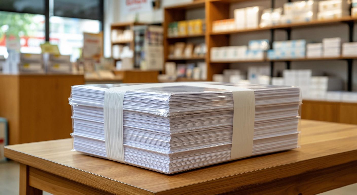 A neat stack of 500 crisp white A4 papers, tightly wrapped in a clear plastic sheet, resting on a wooden desk in a well-lit Turkish stationery shop.