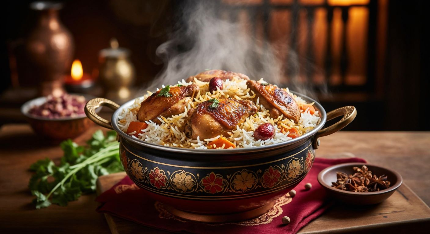 A steaming pot of fragrant chicken biryani with long, slender basmati rice grains, golden-brown chicken pieces, and vibrant spices like saffron and cloves, set on a traditional Turkish ceramic plate with a warm, inviting glow.