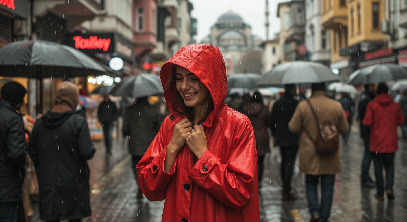 A person in a vibrant red hooded raincoat with snap buttons stands under a gentle rain in a bustling Istanbul street, smiling as they effortlessly fasten the coat while others around them hurry under umbrellas.