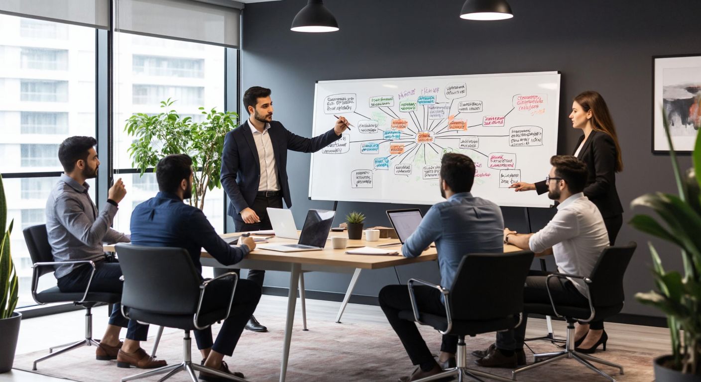 A modern Turkish office with a diverse team gathered around a whiteboard, where one person sketches a hierarchical tree diagram while others discuss roles and responsibilities, embodying the dynamic interplay between abstract organizational structure and its visual chart representation.
