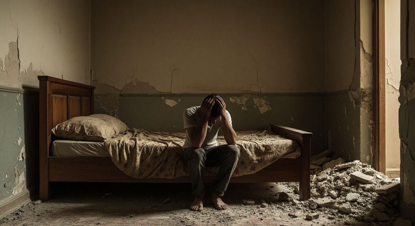 A person crouched protectively beside a sturdy wooden bed in a dimly lit Turkish bedroom, with cracked walls and dust in the air, their arms shielding their head as debris partially collapses around them, forming a small triangular void.
