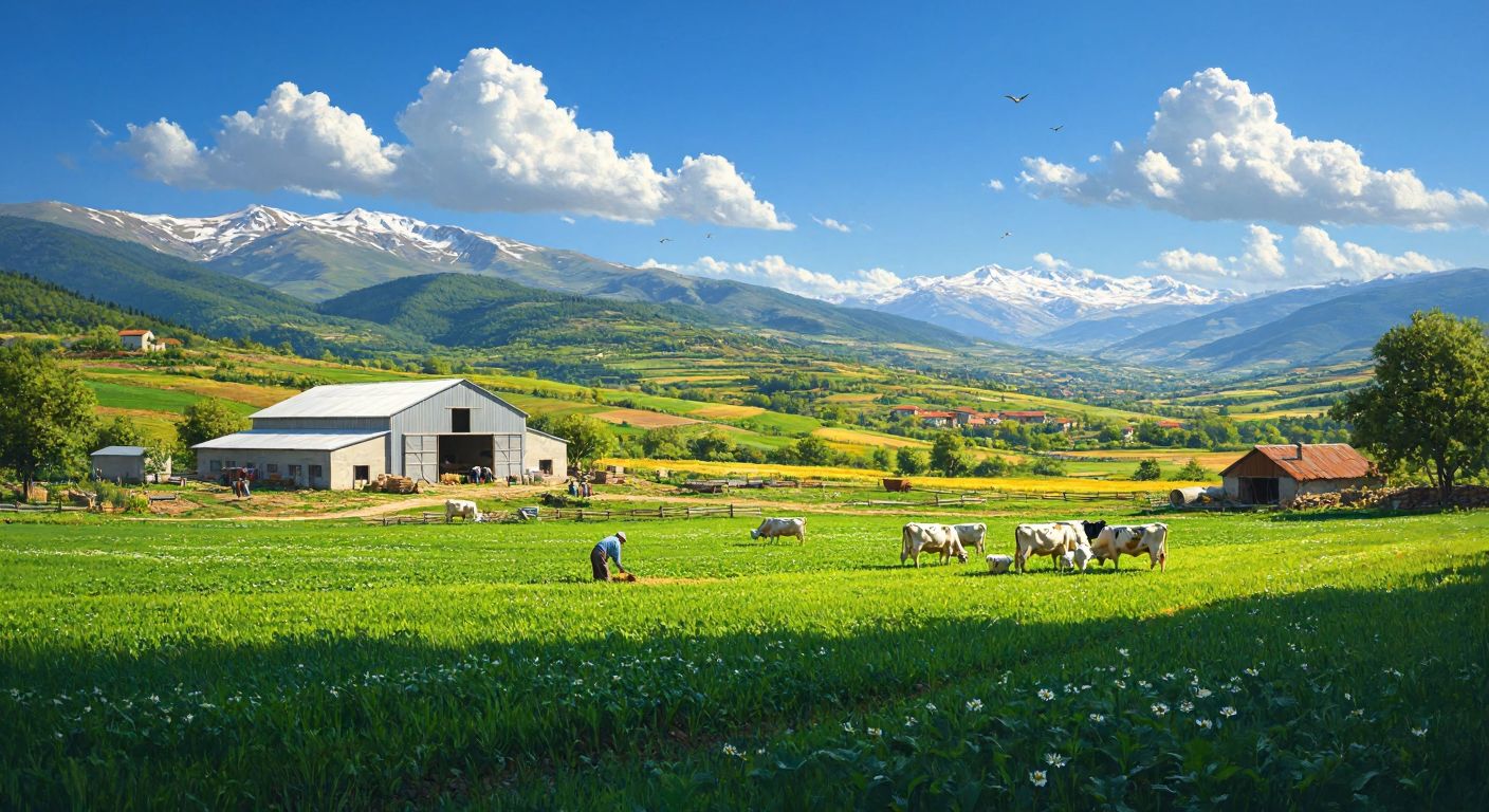 A sunlit Turkish countryside scene with farmers tending to lush green fields, a modern barn with grazing cattle, and a small processing facility for dairy products in the background, all under a clear blue sky.