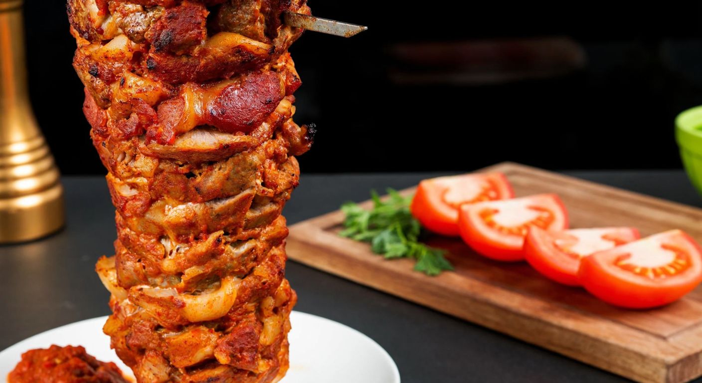 A vibrant, sizzling vertical döner kebab on a golden skewer, surrounded by warm hues of red and orange, with fresh herbs and sliced tomatoes arranged neatly on a wooden cutting board in the background.