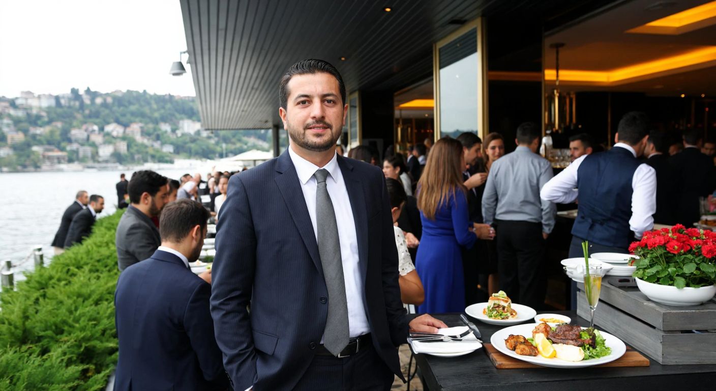 A well-dressed Turkish businessman, Yusuf Köksal, stands confidently in front of an elegant upscale restaurant (Chilai Bebek) by the Bosphorus, with waiters serving gourmet dishes and a lively, sophisticated crowd in the background.