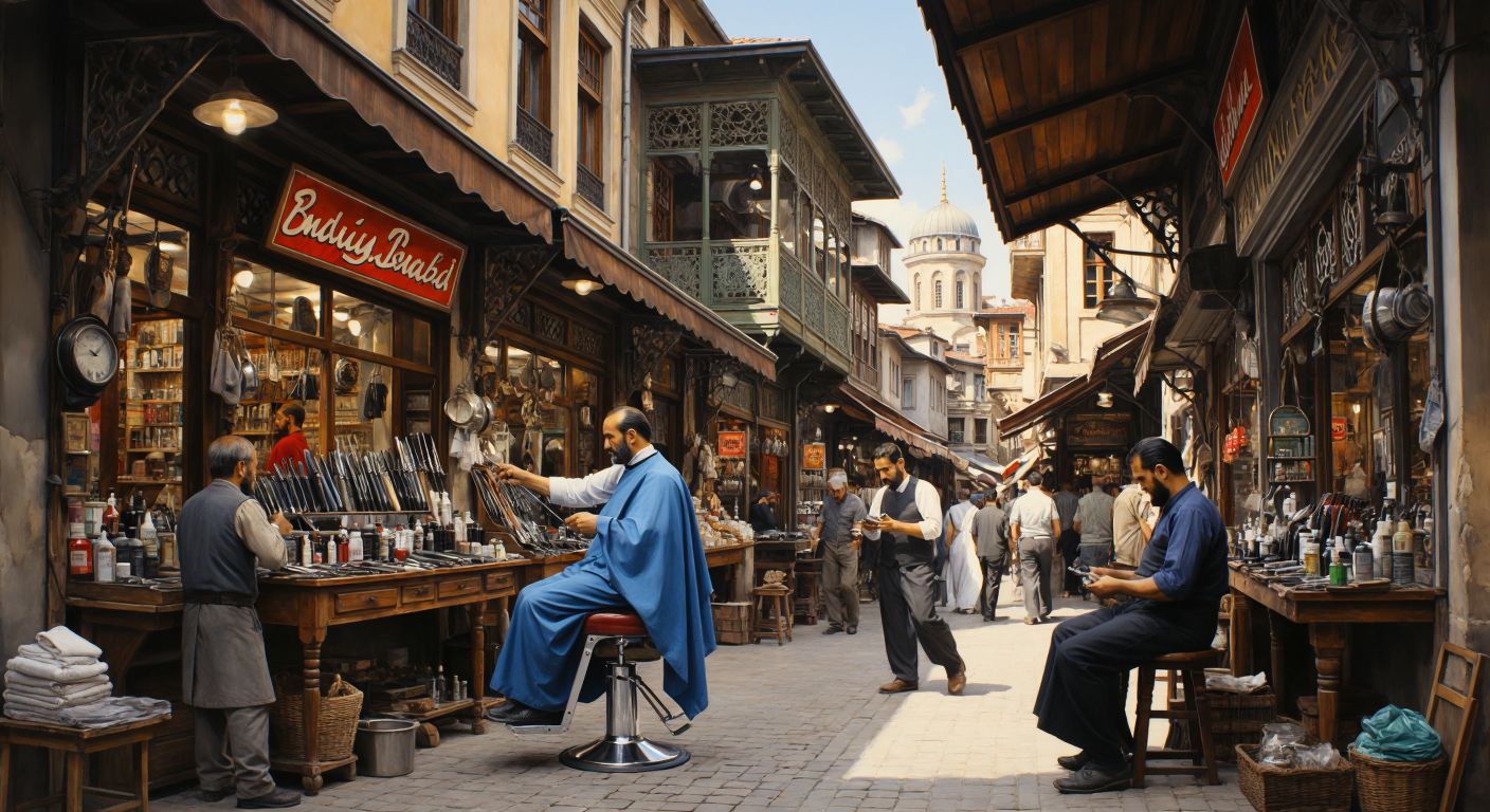 A bustling Istanbul marketplace with a traditional han (commercial building), where barbers display scissors and hairdressing tools, while a vendor holds a sleek German-made hair clipper.