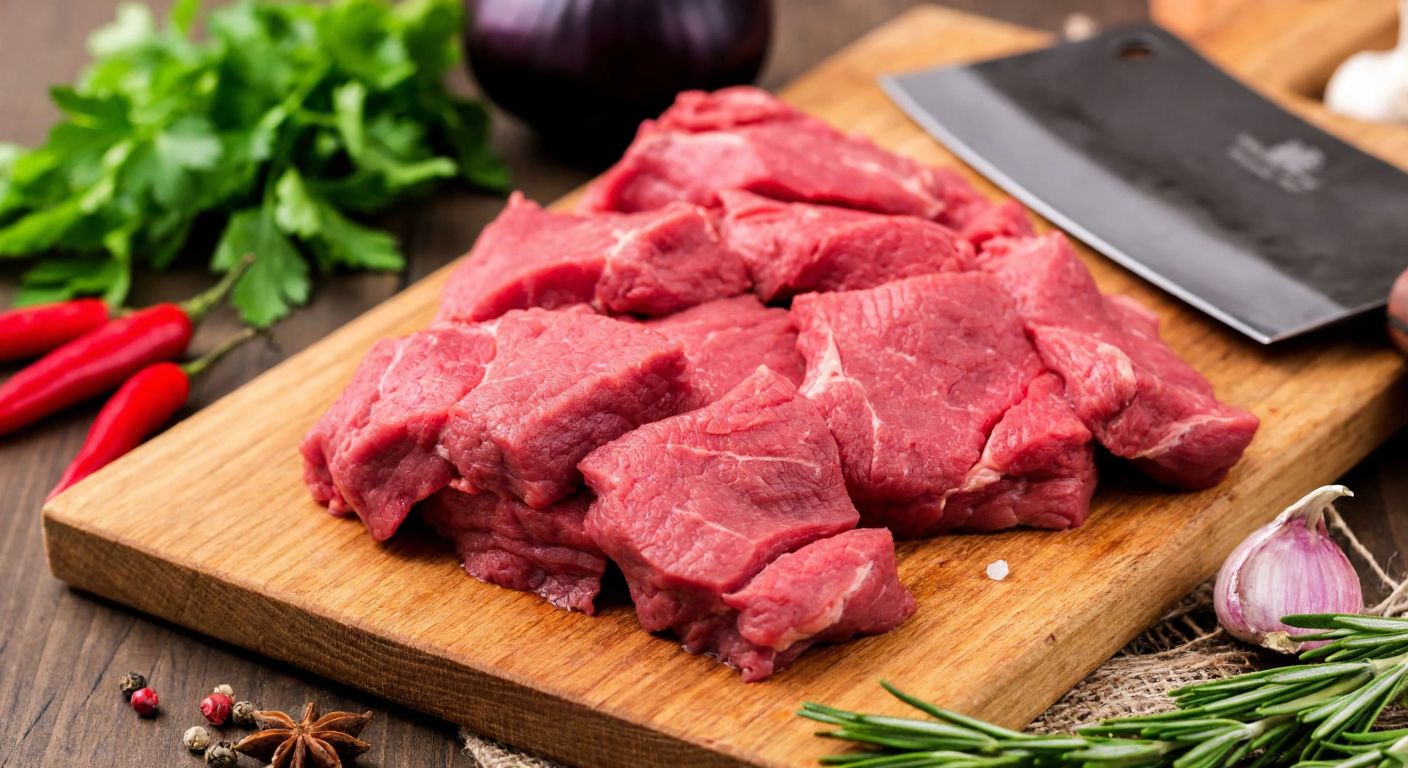 A close-up of tender, finely chopped meat on a wooden cutting board, with a traditional Turkish meat cleaver resting beside it, surrounded by fresh herbs and spices.