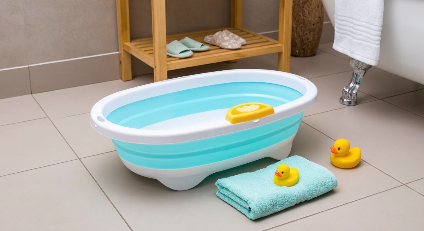 A colorful, foldable baby bathtub set with a small bucket and ladle placed on a tiled bathroom floor in a Turkish home, surrounded by soft baby towels and a rubber duck.