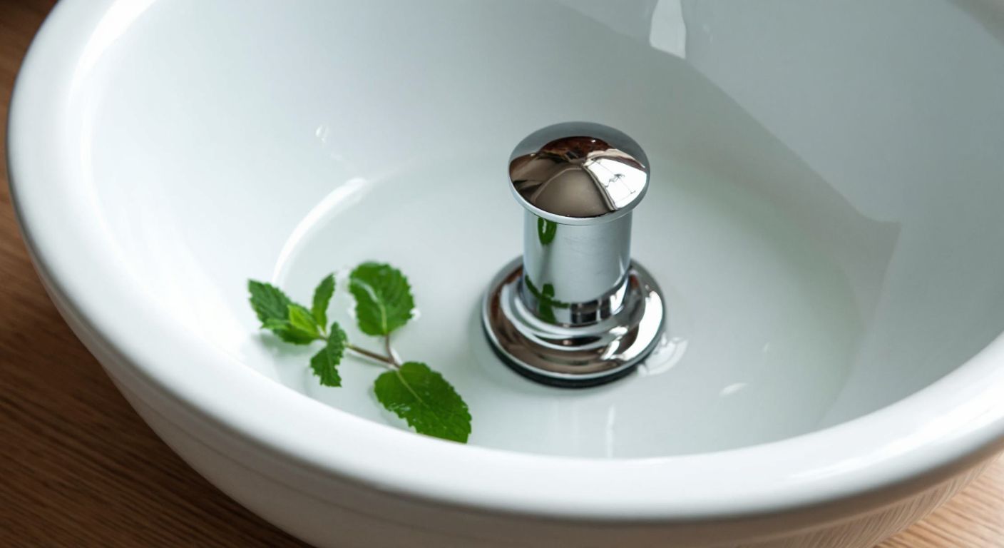 A shiny chrome sink plug resting in a white ceramic Turkish lavabo, with clear water pooling around it and a few fresh mint leaves floating on the surface.