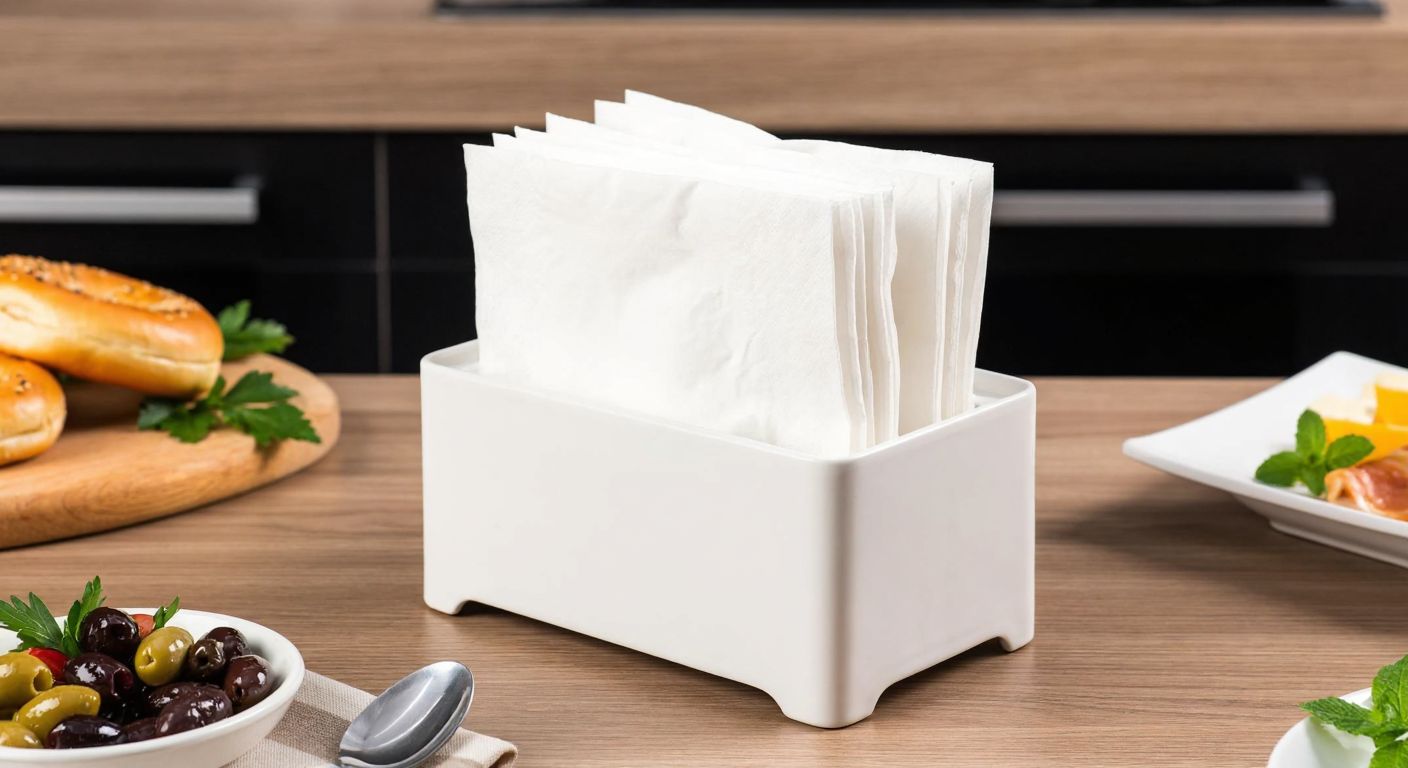 A sleek white peçetelik (napkin holder) on a wooden kitchen counter, filled with neatly folded white paper napkins, surrounded by a cozy Turkish breakfast spread with olives, cheese, and simit.