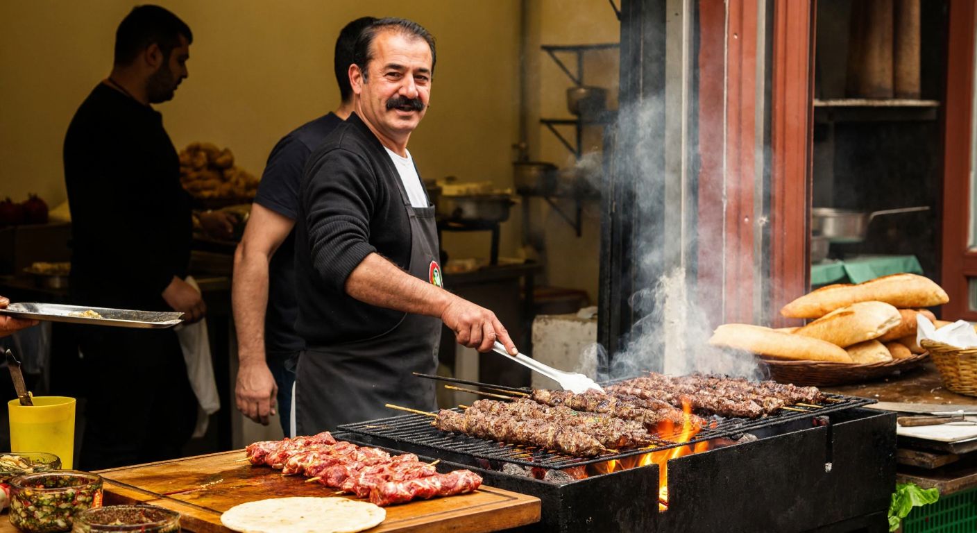A bustling Turkish street food stall with a mustachioed man, Hanifi İpar, proudly grilling skewered kebabs over glowing embers, surrounded by the aroma of sizzling meat and fresh bread.