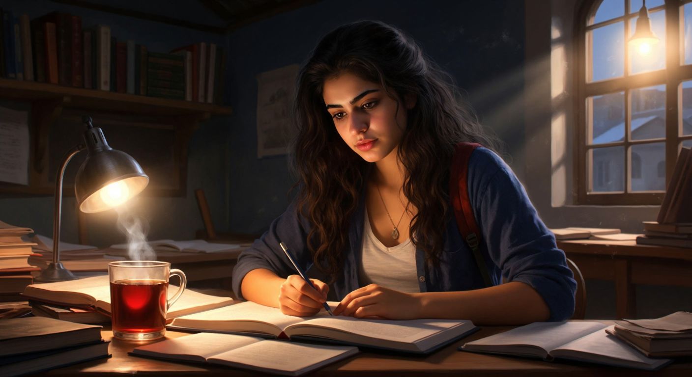 A focused Turkish student with dark hair and warm-toned skin writes neatly in a notebook under the soft glow of a classroom lamp, surrounded by open textbooks and a steaming cup of çay, their expression calm and determined.